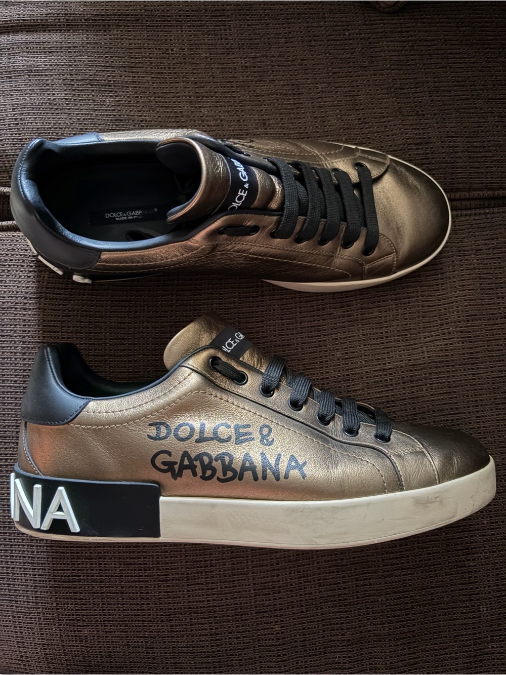 Dolce & Gabbana Men’s Metallic Bronze and Black Leather Sneakers